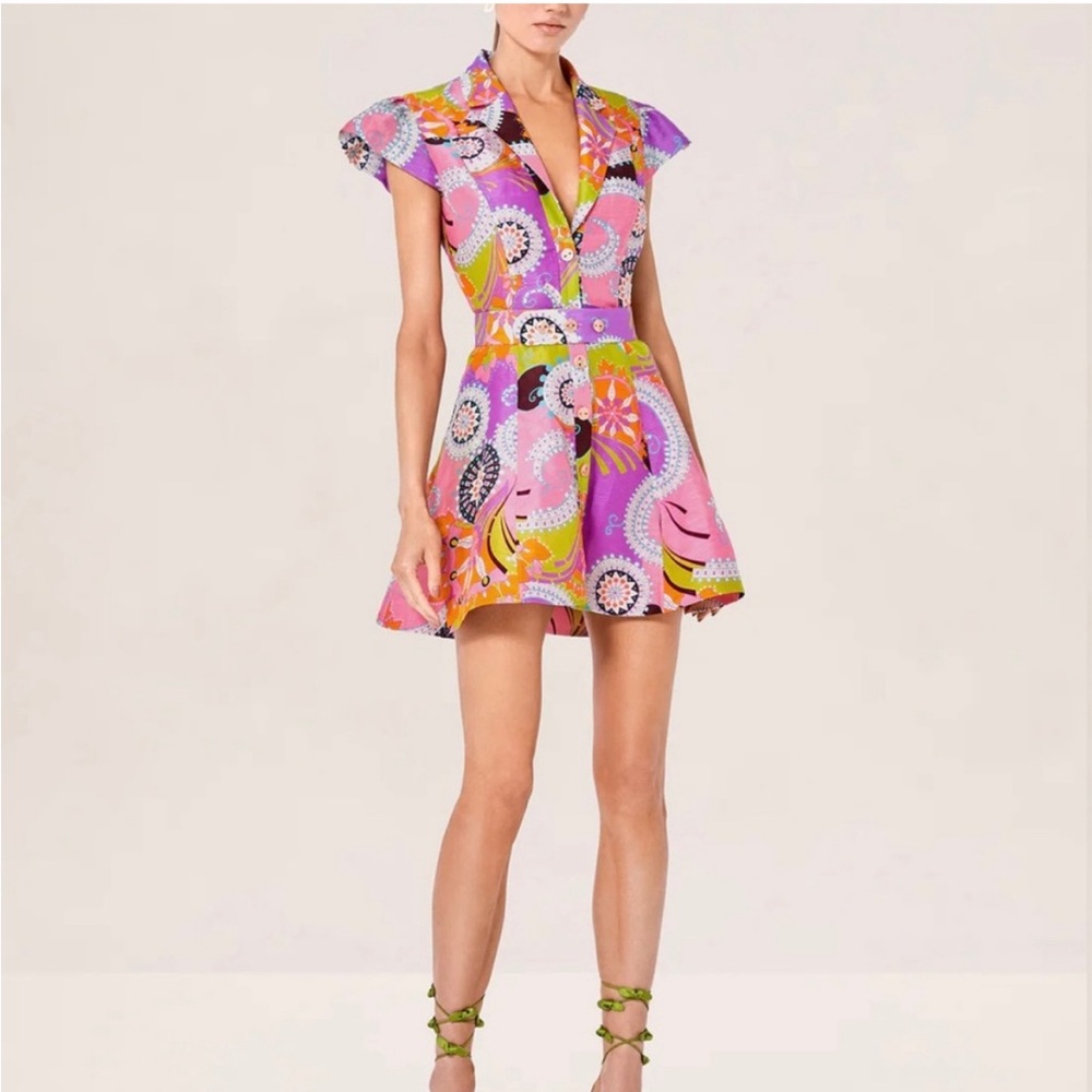 Alexis Pink Demi Mini Dress Linen Silk Belted Shirt Dress Small